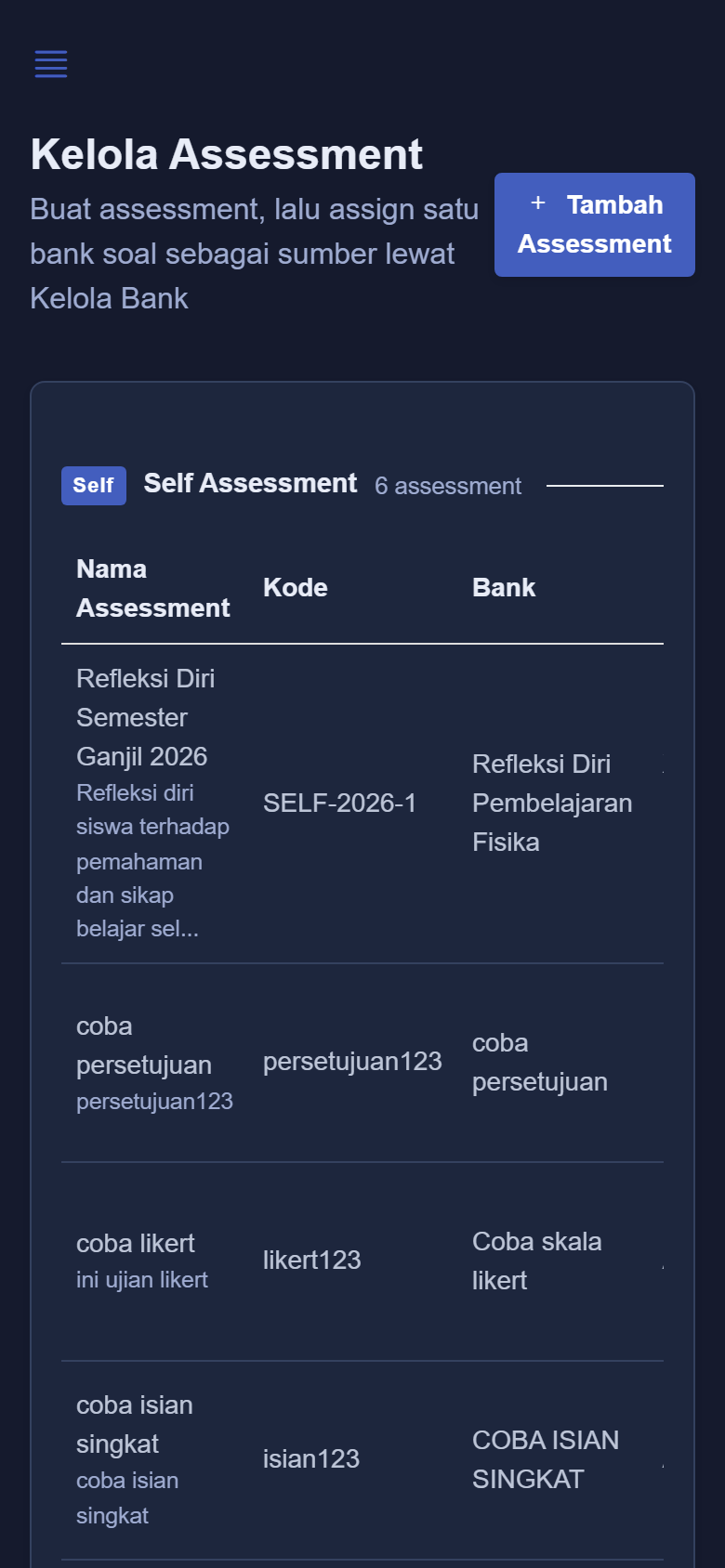 Pratinjau Kelola assessment SPEKTRA dalam mode gelap