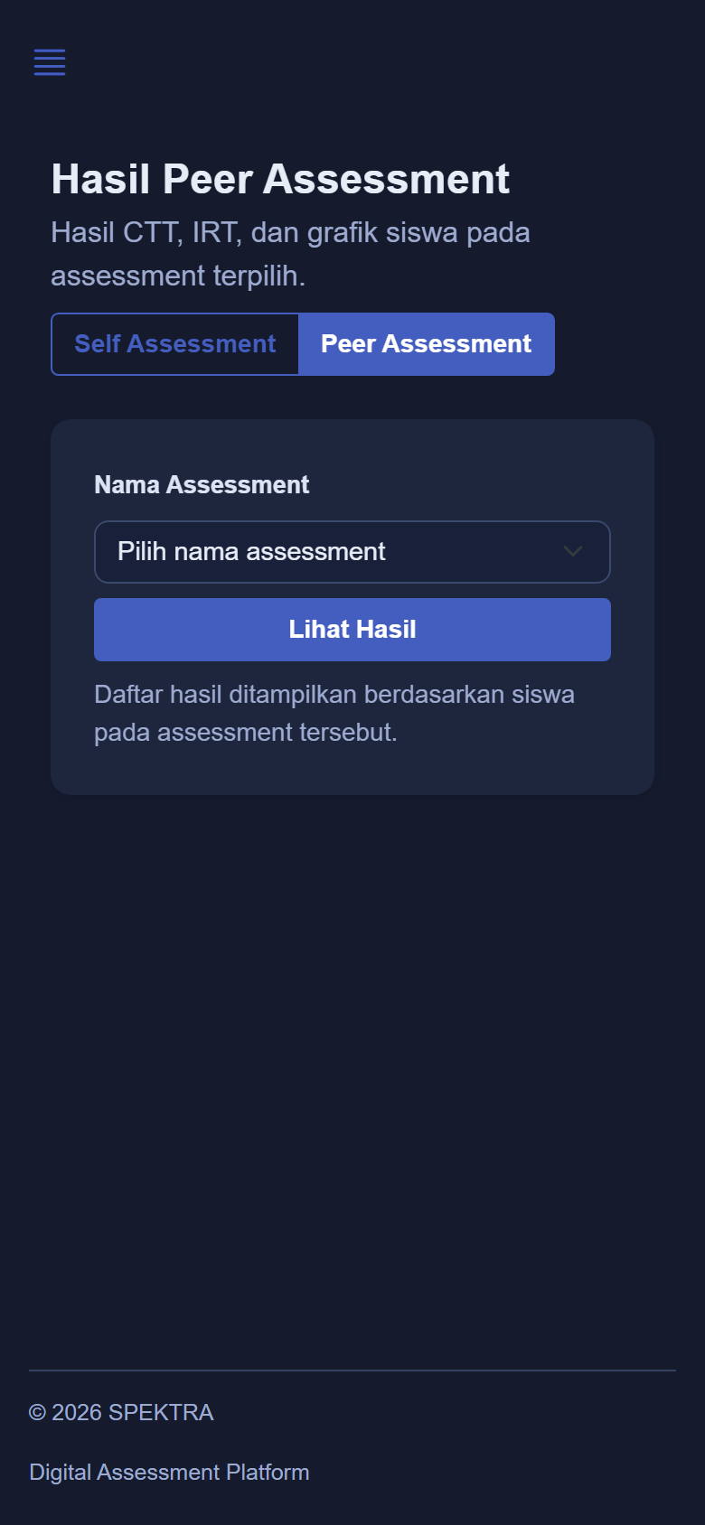 Pratinjau Hasil peer assessment SPEKTRA dalam mode gelap